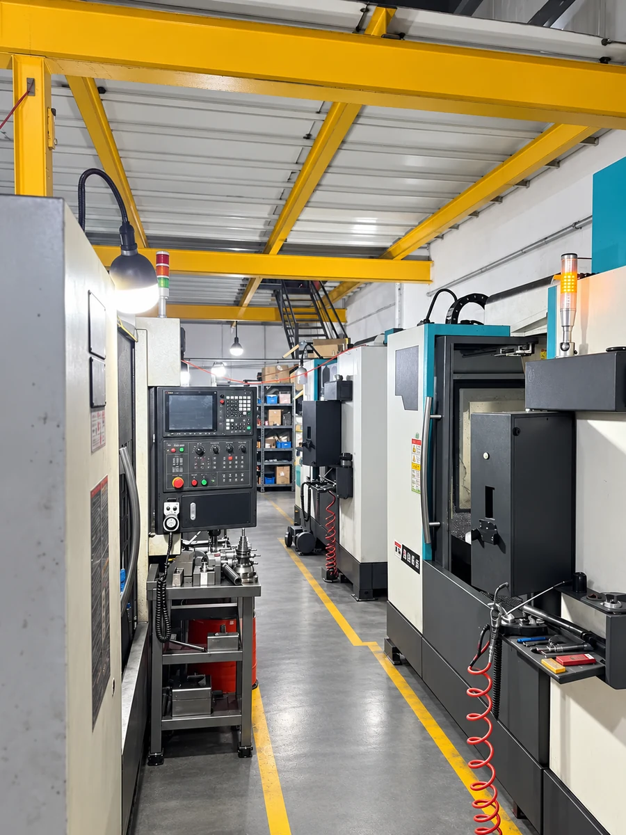 View along a workshop aisle with manufacturing equipment